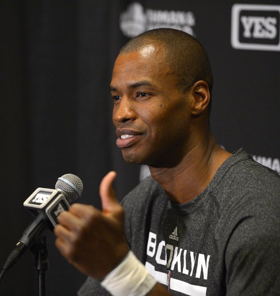 Brooklyn Nets center Jason Collins speaks during a news conference prior to an NBA basketball game against the Los Angeles Lakers, Sunday, Feb. 23, 2014, in Los Angeles. Collins signed a 10-day contract with the Brooklyn Nets earlier Sunday and was to be in uniform for their game in Los Angeles against the Lakers. The 35-year-old center revealed at the end of last season he is gay, but he was a free agent and had remained unsigned. (AP Photo/Mark J. Terrill)