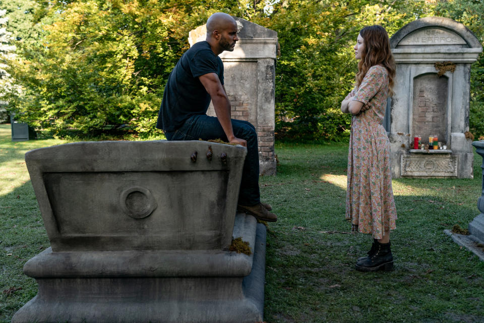 Shadow Moon (Ricky Whittle, left) and Laura Moon (Emily Browning, right) in a scene from Starz original series American Gods.