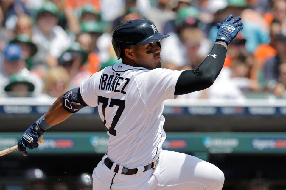 Detroit Tigers third baseman Andy Ibanez hits an RBI single in the second inning against the Chicago White Sox at Comerica Park in Detroit.