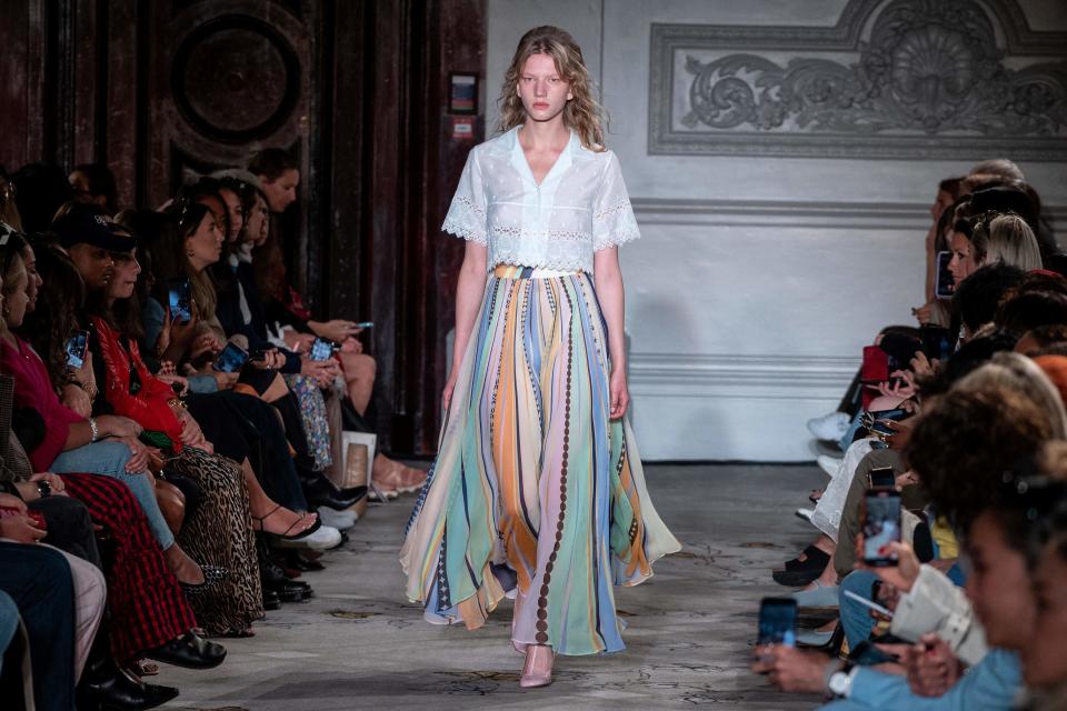 A model presents a creation for Paul & Joe during the Spring/Summer 2023 catwalk show on the third day of London Fashion Week June Edition, in London, on September 17, 2022.