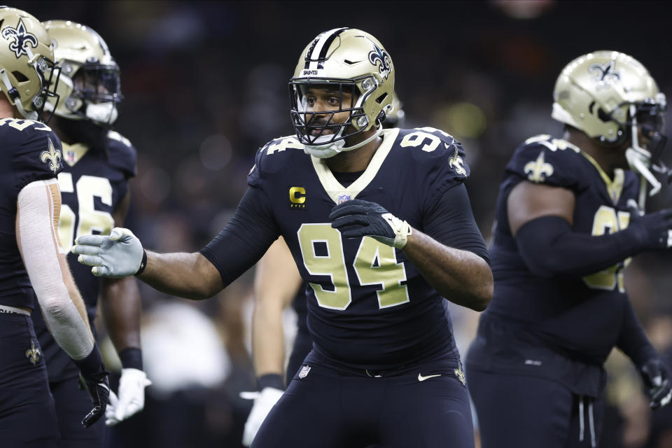 New Orleans Saints defensive end Cameron Jordan (94) warms up before an NFL football game against the Las Vegas Raiders Sunday, Oct. 30, 2022, in New Orleans. (AP Photo/Rusty Costanza)
