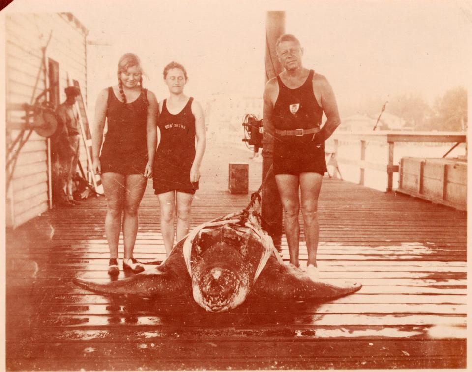 Rainbo Pier founder Gus Jordahn (right) on the pier with a leashed sea turtle.