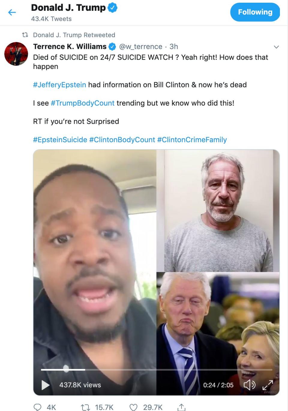 President Donald Trump retweeted this conspiracy theory linking the Clintons to Jeffrey Epstein's death. (Photo: <a href="https://twitter.com/w_terrence/status/1160256105399967744" target="_blank">Twitter</a>)