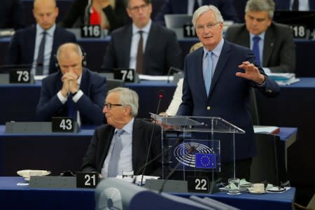 European Union's chief Brexit negotiator Michel Barnier addresses the European Parliament during a debate on Brexit in Strasbourg