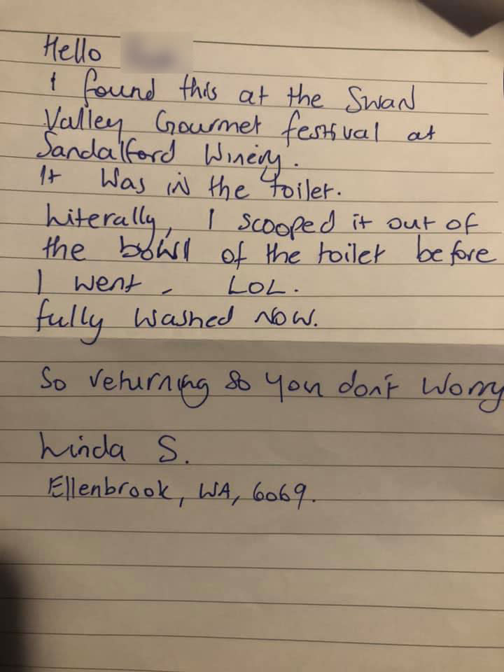 Handwritten letter from Linda S who found licence inside toilet bowl at wine festival in Perth.