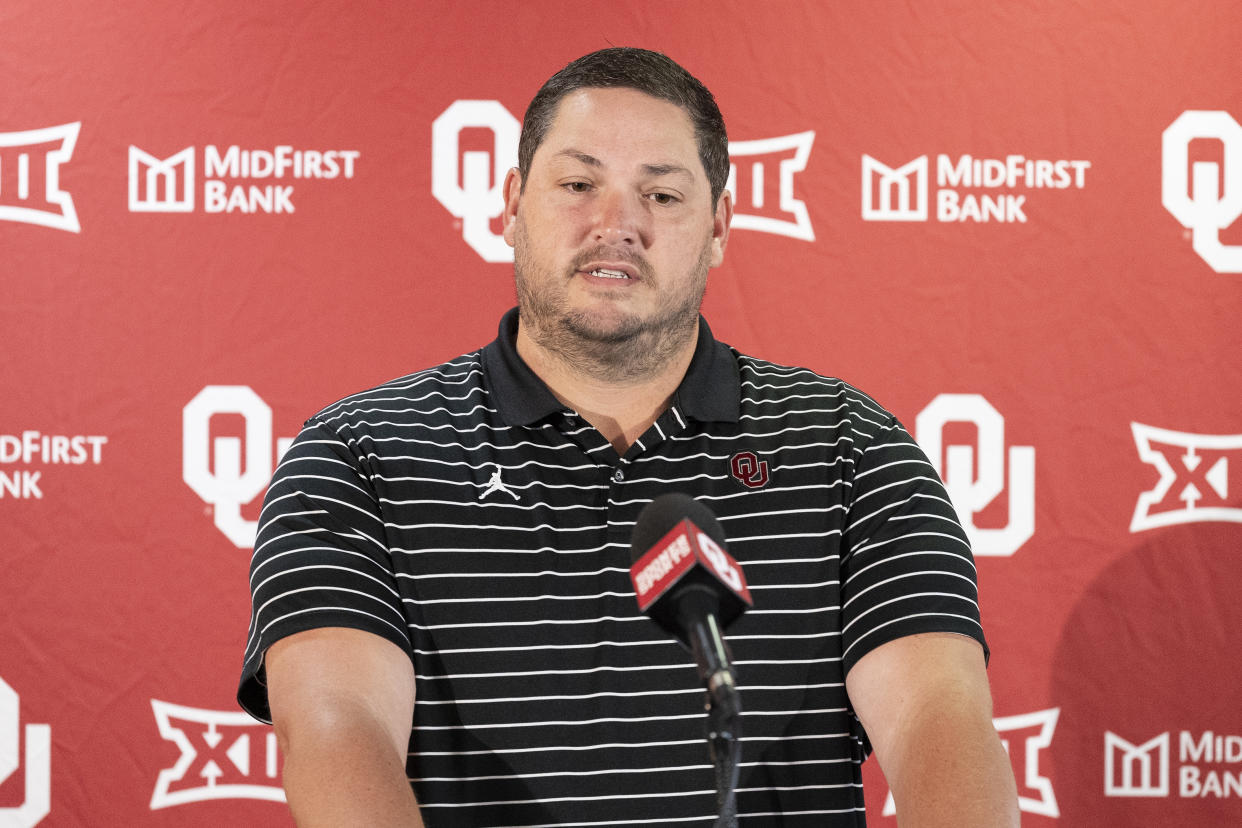 Oklahoma offensive coordinator Jeff Lebby speaks during an NCAA college football media day, Tuesday, Aug. 1, 2023, in Norman, Okla. (AP Photo/Alonzo Adams)