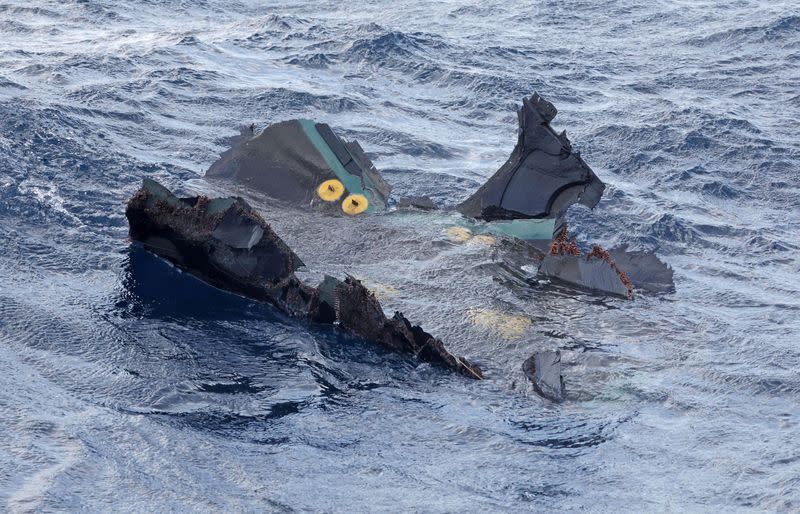 A floating object believed to belong to the U.S. military aircraft V-22 Osprey that crashed into the sea is seen off Yakushima Island