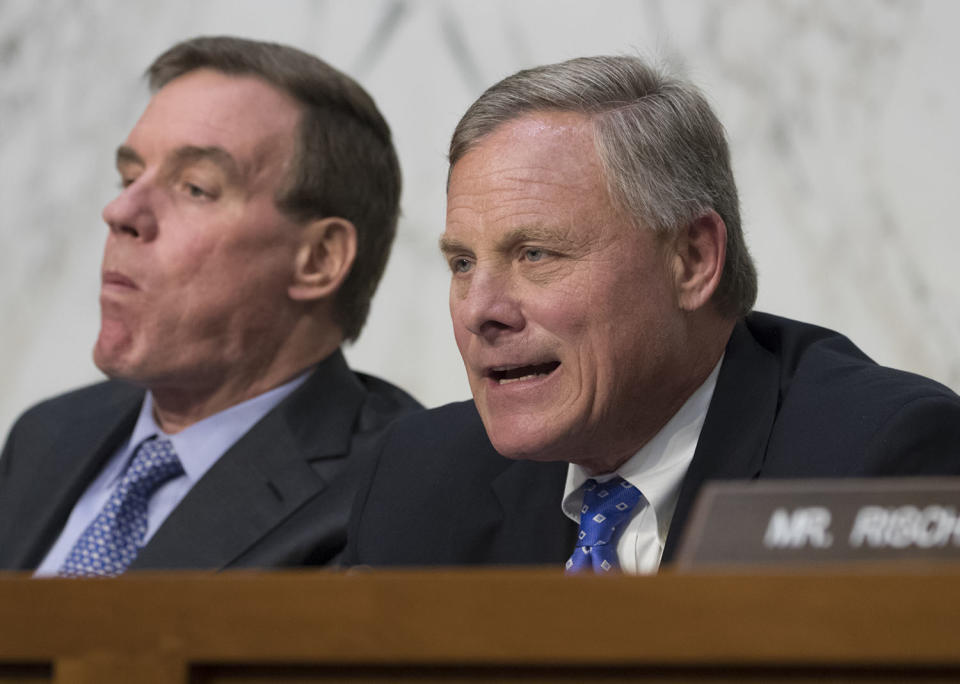 <p>Senate Intelligence Committee Chairman Sen. Richard Burr, R-N.C., right, accompanied by Committee Vice Chairman Sen. Mark Warner, D-Va., questions Attorney General Jeff Sessions on Capitol Hill in Washington, June 13, 2017, about his role in the firing of FBI Director James Comey and the investigation into contacts between Trump campaign associates and Russia. (J. Scott Applewhite/AP) </p>