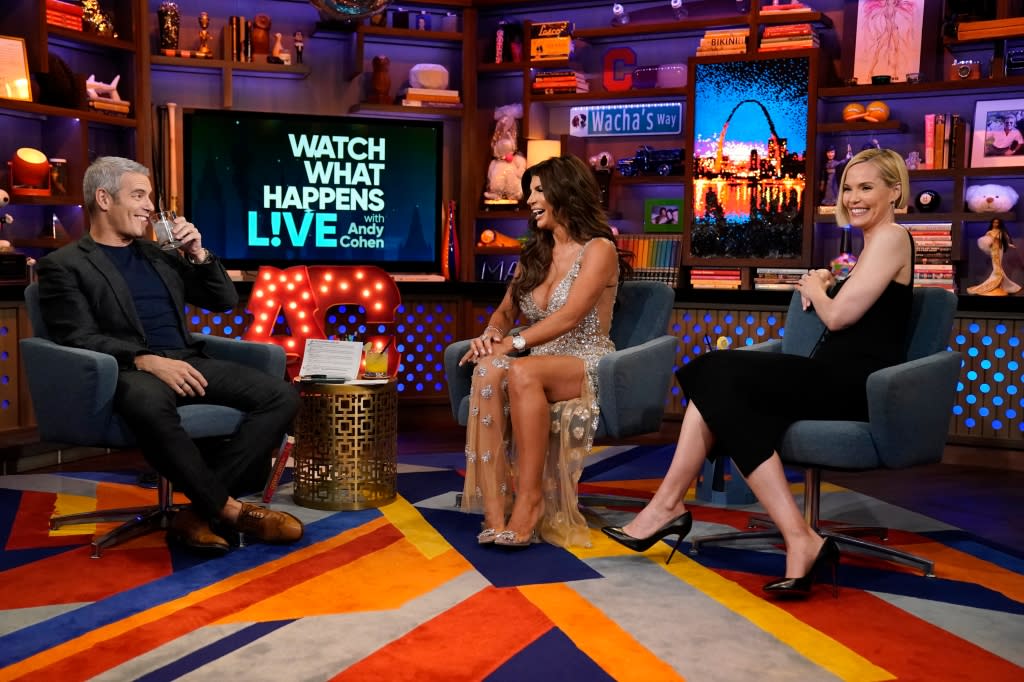 WATCH WHAT HAPPENS LIVE WITH ANDY COHEN -- Episode 20090 -- Pictured: (l-r) Andy Cohen, <span class="caas-xray-inline-tooltip"><span class="caas-xray-inline caas-xray-entity caas-xray-pill rapid-nonanchor-lt" data-entity-id="Teresa_Giudice" data-ylk="cid:Teresa_Giudice;pos:1;elmt:wiki;sec:pill-inline-entity;elm:pill-inline-text;itc:1;cat:MediaPersonality;" tabindex="0" aria-haspopup="dialog"><a href="https://search.yahoo.com/search?p=Teresa%20Giudice" data-i13n="cid:Teresa_Giudice;pos:1;elmt:wiki;sec:pill-inline-entity;elm:pill-inline-text;itc:1;cat:MediaPersonality;" tabindex="-1" data-ylk="slk:Teresa Giudice;cid:Teresa_Giudice;pos:1;elmt:wiki;sec:pill-inline-entity;elm:pill-inline-text;itc:1;cat:MediaPersonality;" class="link ">Teresa Giudice</a></span></span>, Leslie Bibb -- (Photo by: Ralph Bavaro/BRAVO via Getty Images)