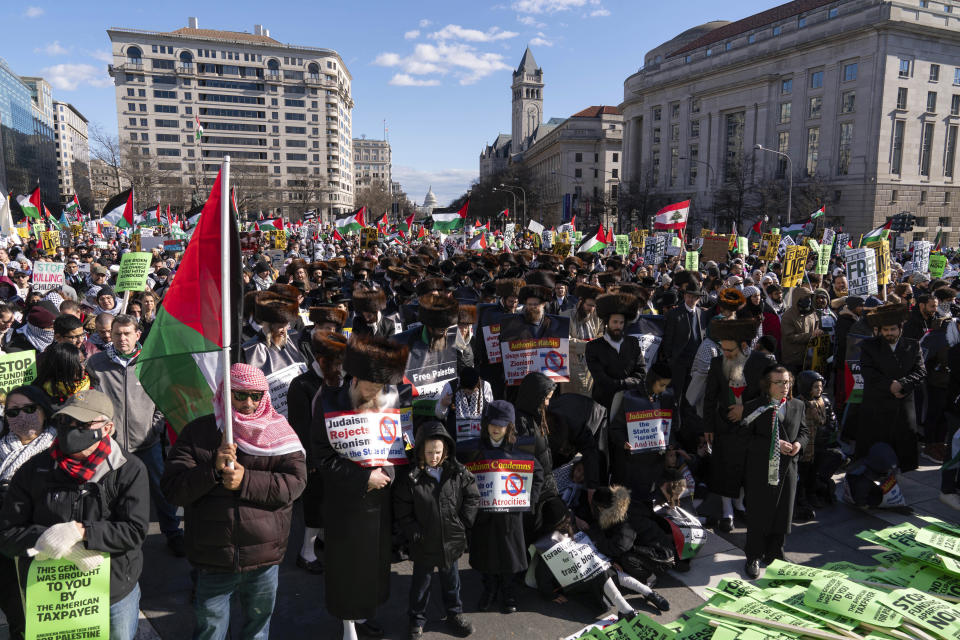 Demonstrators rally during the March on Washington for Gaza at Freedom Plaza in Washington, Saturday, Jan. 13, 2024. (AP Photo/Jose Luis Magana)