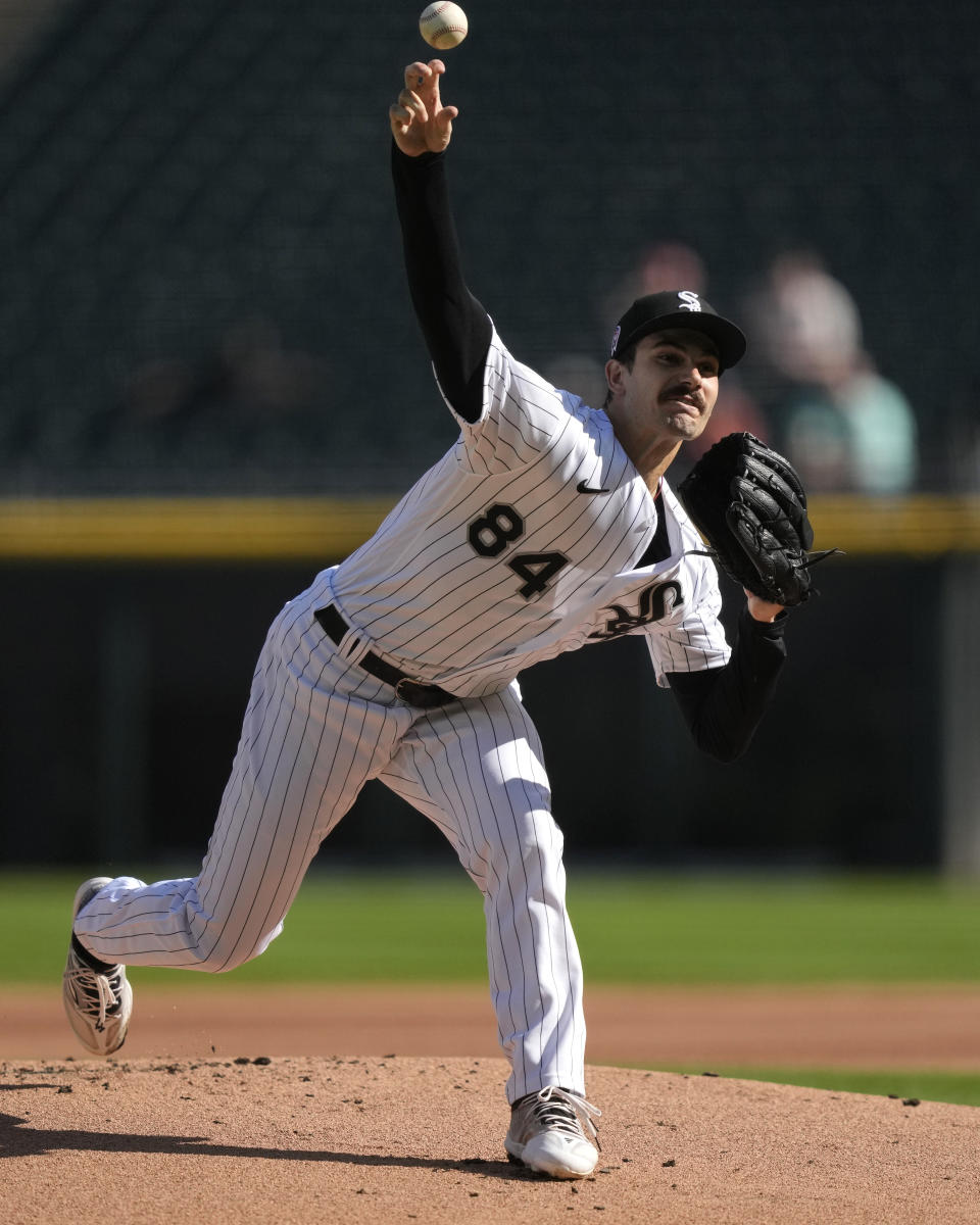 Chicago White Sox starting pitcher Dylan Cease delivers during the first inning in the first baseball game of a doubleheader against the Kansas City Royals Tuesday, Sept. 12, 2023, in Chicago. (AP Photo/Charles Rex Arbogast)