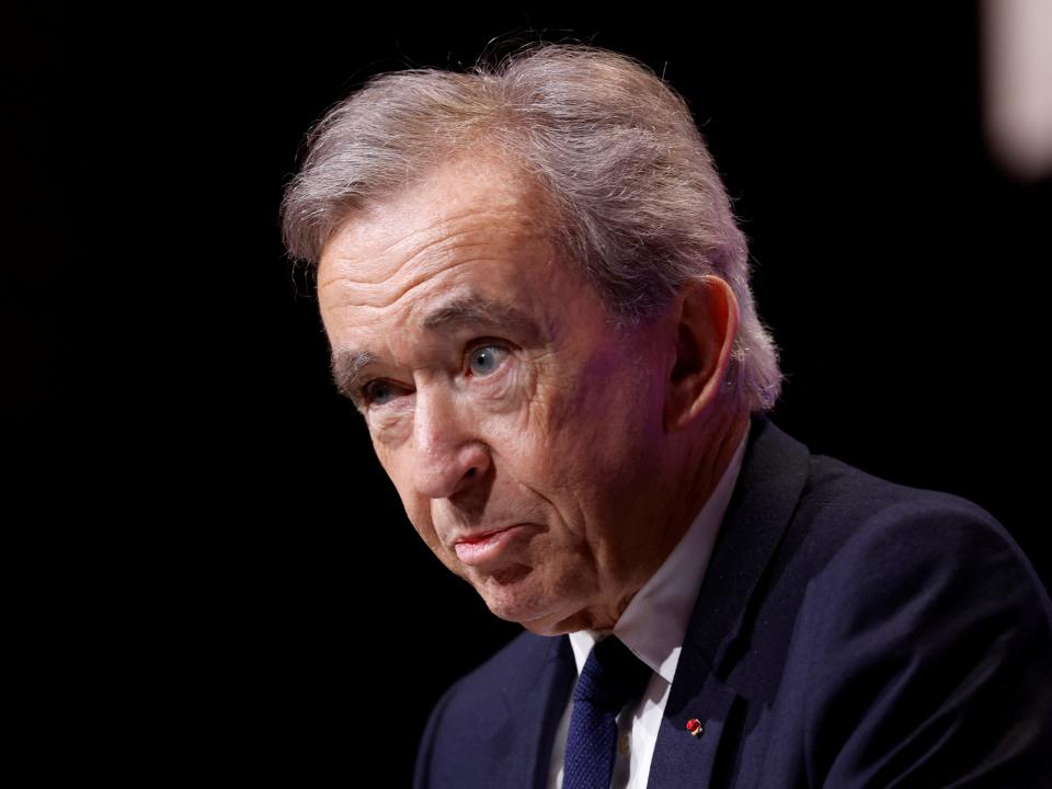 Bernard Arnault, Chairman and CEO of LVMH Moet Hennessy Louis Vuitton, speaks during a news conference to present the 2022 annual results of LVMH in Paris, France, January 26, 2023.
