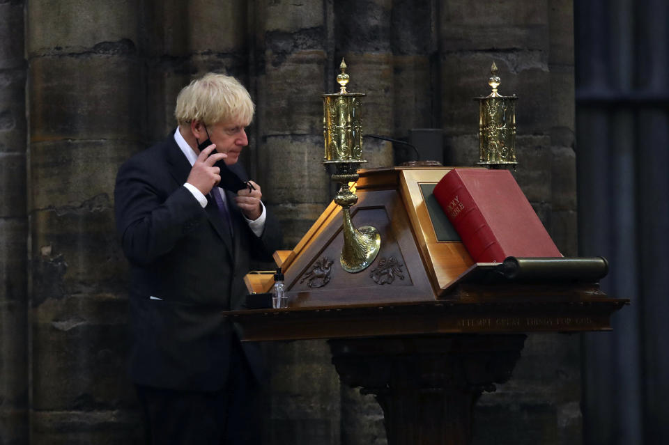 Britain's Prime Minister Boris Johnson delivers a speech a service to mark the 80th anniversary of the Battle of Britain at Westminster Abbey, London, Sunday, Sept. 20, 2020. (Aaron Chown/Pool Photo via AP)