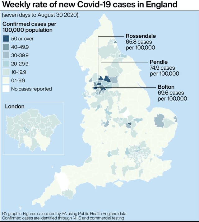 Weekly rate of new Covid-19 cases in England