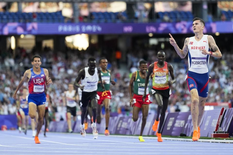 Jakob Ingebrigtsen of Norway wins the 5,000 meters at the Paris