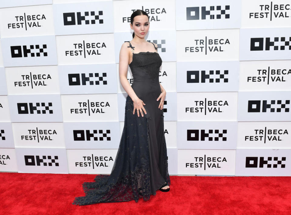 on the red carpet in a long lacy dress