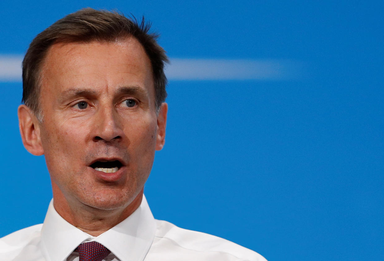 Jeremy Hunt, a leadership candidate for Britain's Conservative Party, speaks during a hustings event in London, Britain July 17, 2019. REUTERS/Peter Nicholls