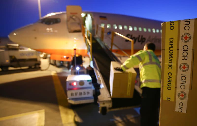 The International Committee of Red Cross (ICRC) sends cargo to Ukraine, during the coronavirus disease (COVID-19) outbreak, at Cointrin Airport in Geneva