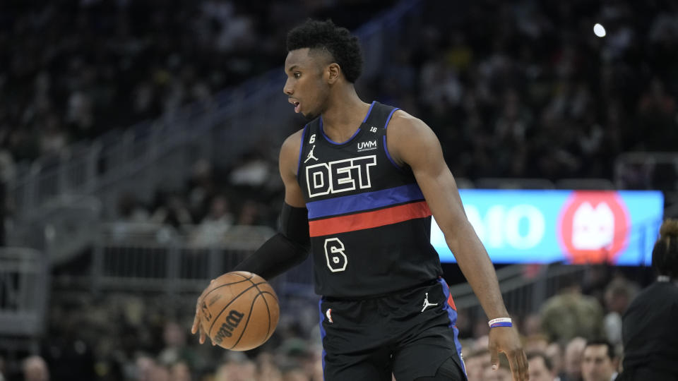 Detroit Pistons' Hamidou Diallo during the first half of an NBA basketball game against the Milwaukee Bucks Wednesday, Nov. 2, 2022, in Milwaukee. (AP Photo/Morry Gash)