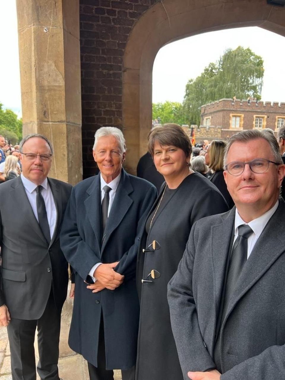 (Left to right) Accession Council members, former DUP deputy leader Lord Dodds, former DUP leaders Peter Robinson and Dame Arlene Foster, with current DUP leader Sir Jeffrey Donaldson, outside St James’s Palace, London (Sir Jeffrey Donaldson/PA) (PA Media)