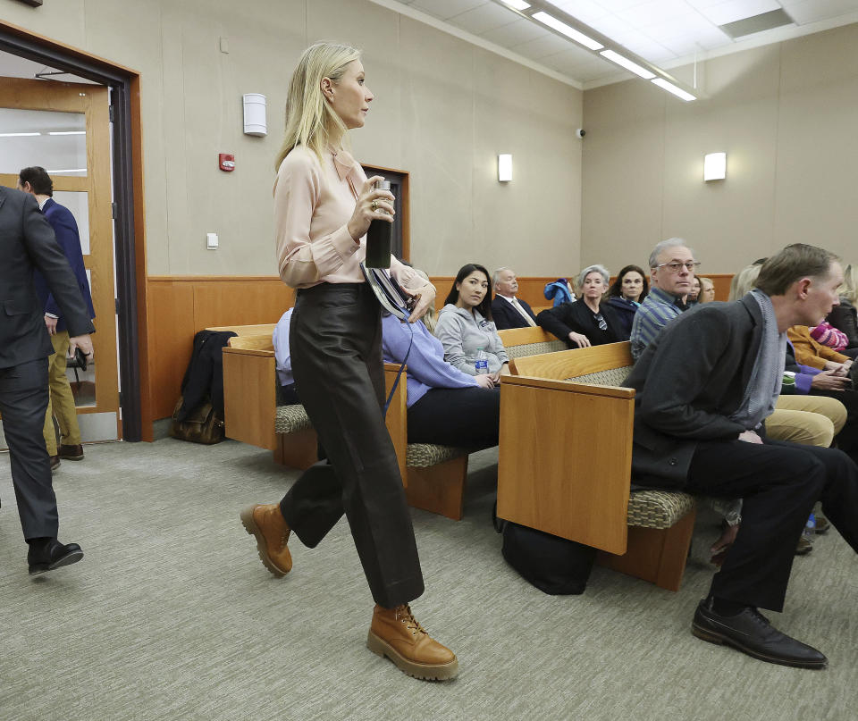 Gwyneth Paltrow enters the courtroom for her trial, Tuesday, March 28, 2023, in Park City, Utah. Paltrow is accused in a lawsuit of crashing into a skier during a 2016 family ski vacation, leaving him with brain damage and four broken ribs. (Jeffrey D. Allred/The Deseret News via AP, Pool)