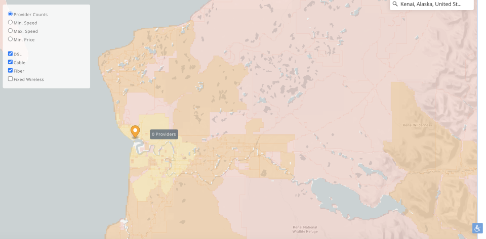 BroadbandNow map of Kenai, Alaska.