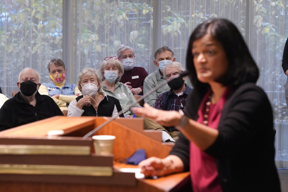 Constituents of Rep. Pramila Jayapal, D-Wash., listen as she speaks at a retirement community Friday, Nov. 12, 2021, in Seattle. Jayapal's career has rapidly ascended into the top tiers of U.S. politics, bringing with her the progressive street cred she amassed in Seattle and a political sensibility she has decisively wielded in D.C. (AP Photo/Elaine Thompson)