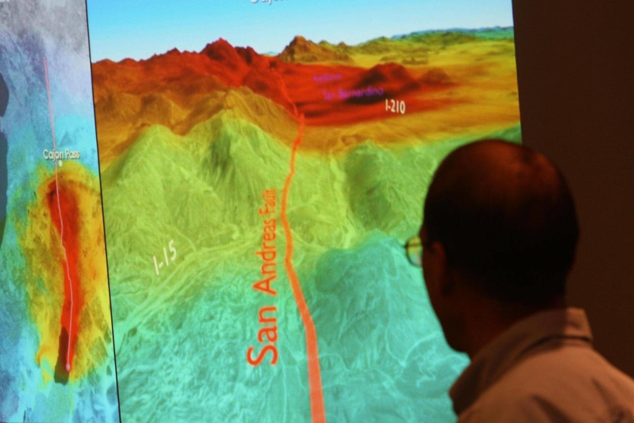 A computer model at the US Geological Survey illustrates how shock waves from a 7.8 magnitude earthquake on the San Andreas fault would affect southern California: Getty Images