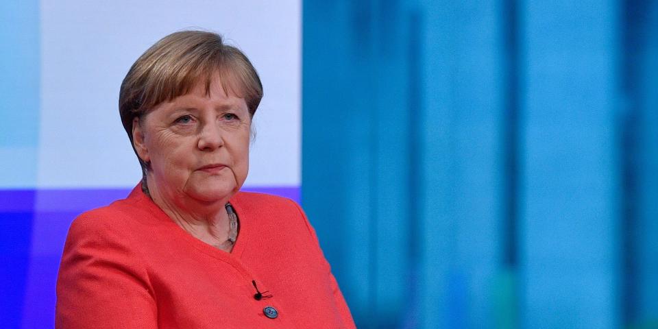 FILE PHOTO - German Chancellor Angela Merkel waits for a televised interview with public broadcaster ARD in Berlin, Germany June 4, 2020. John Macdougall/Pool via REUTERS