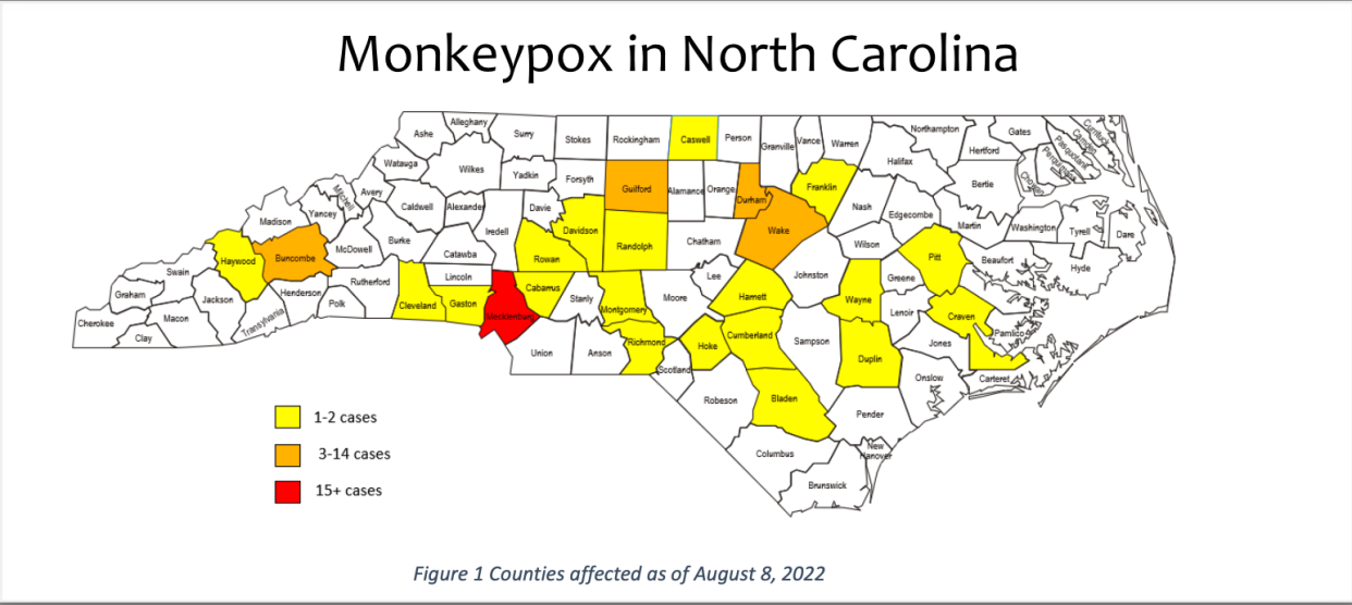 A map of monkeypox cases in North Carolina as of Aug. 8, 2022. Since then, the numbers have increased. Cumberland County had three cases as of Aug. 12, 2022.