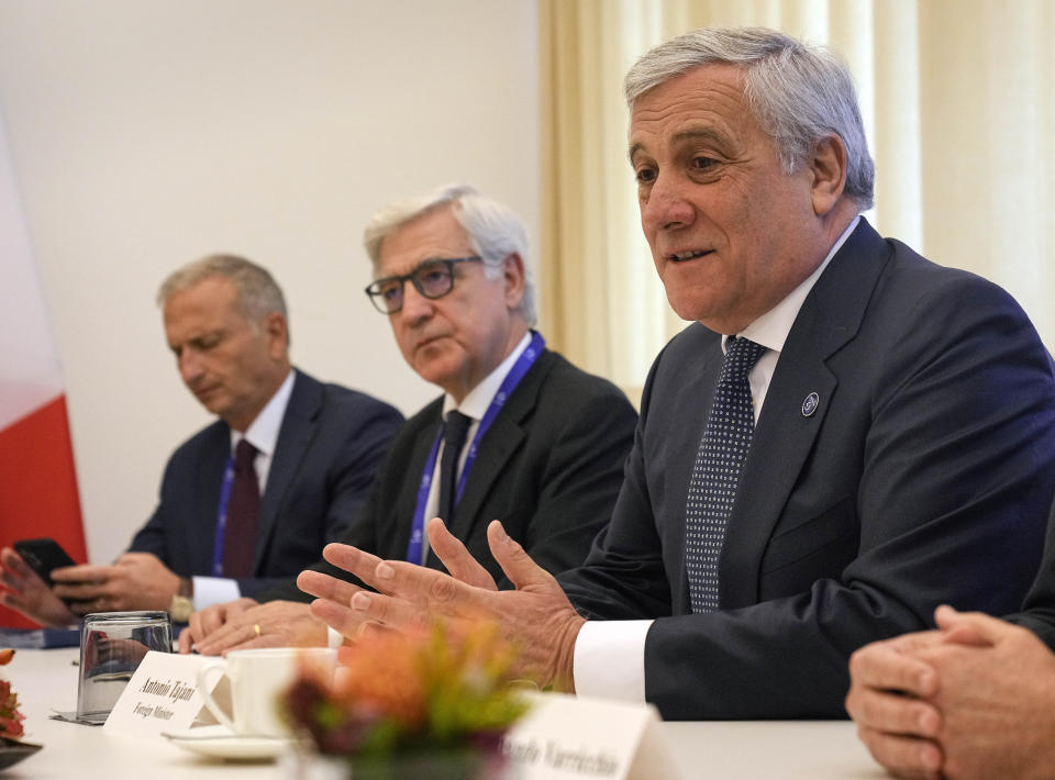 Antonio Tajani of Italy talks during his meeting with United States secretary of state Antony Blinken at bilateral talks at the G7 Foreign Ministers's Meeting in Muenster, Germany, Friday, Nov. 4, 2022. (AP Photo/Martin Meissner, Pool)