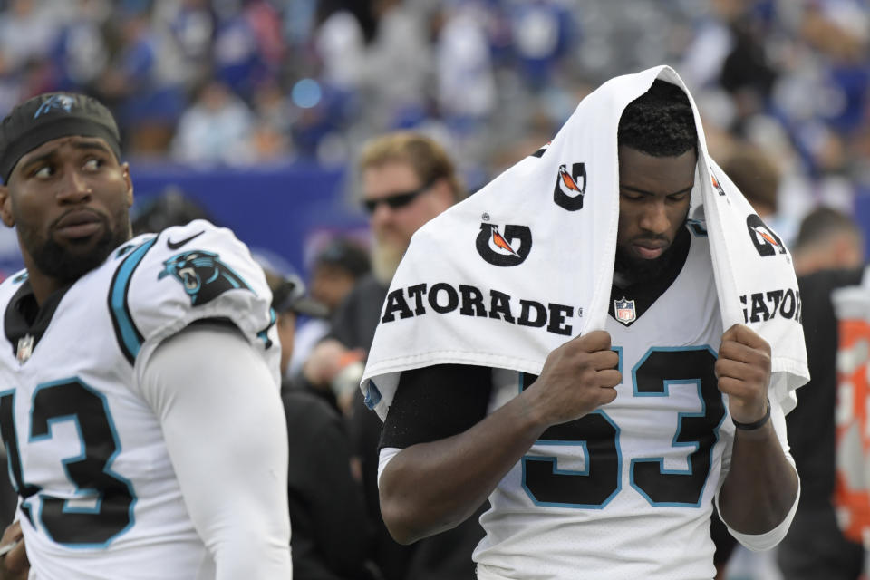 Carolina Panthers defensive end Brian Burns reacts during the second half of an NFL football game against the New York Giants, Sunday, Oct. 24, 2021, in East Rutherford, N.J. The Giants won 25-3. (AP Photo/Bill Kostroun)