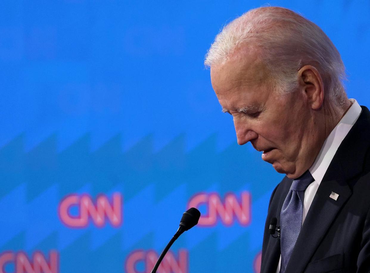 President Joe Biden participates in the CNN presidential debate on June 27, 2024, in Atlanta. <a href="https://www.gettyimages.com/detail/news-photo/president-joe-biden-participates-in-the-cnn-presidential-news-photo/2159611746?adppopup=true" rel="nofollow noopener" target="_blank" data-ylk="slk:Justin Sullivan/Getty Images;elm:context_link;itc:0;sec:content-canvas" class="link ">Justin Sullivan/Getty Images</a>