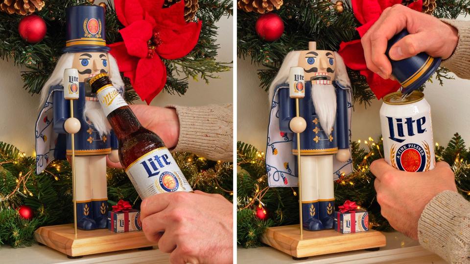 Miller Lite will be releasing a limited-edition Beercracker as a part of its holiday collection this year. It can open both beer bottles and cans, as demonstrated in this image.