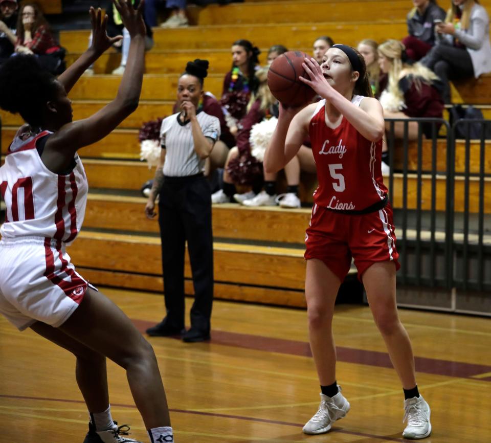 Leon Lions Madeline Penney (5) shoots for three during a game against the Chiles Timberwolves on Wednesday, Jan. 22, 2020. 