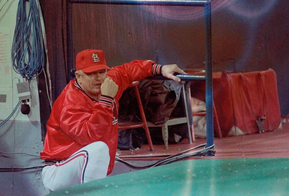 Whitey Herzog, manager of the St. Louis Cardinals watches the action at the 7th game of the World Series against the Kansas City Royals in Kansas City, Mo., Oct. 27, 1985. Cardinals lost the game in a shutout, 11-0. (AP Photo)