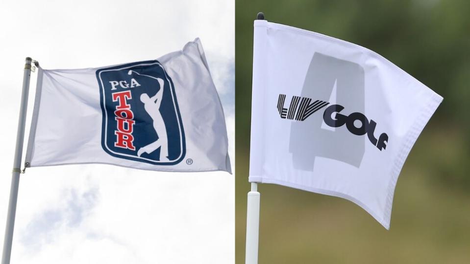 PGA Tour and LIV Golf flags, split