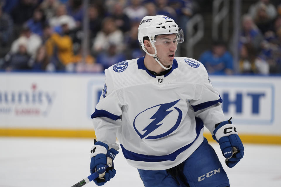 Tampa Bay Lightning's Ross Colton in action during the first period of an NHL hockey game St. Louis Blues Saturday, Jan. 14, 2023, in St. Louis. (AP Photo/Jeff Roberson)