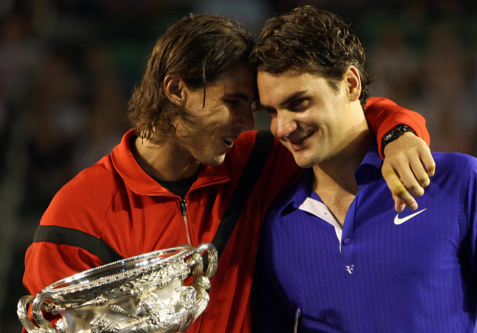 Rafael Nadal and Roger Federer at the 2009 Australian Open. (AP Photo/Rick Stevens)