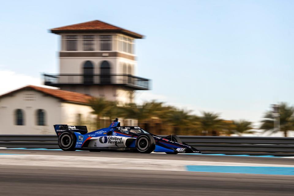 Graham Rahal of Rahal Letterman Lanigan Racing approaches turn 10 during day two of NTT IndyCar Series open testing at The Thermal Club in Thermal, Calif., Friday, Feb. 3, 2023. 