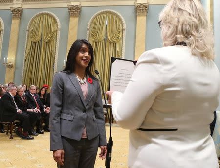 Canada's new Small Business and Tourism Minister Bardish Chagger is sworn-in during a ceremony at Rideau Hall in Ottawa November 4, 2015. REUTERS/Chris Wattie