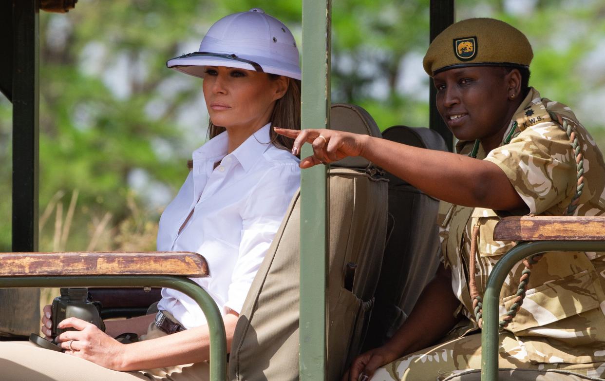 First lady Melania Trump goes on a safari with Nelly Palmeris (R), Park Manager, at the Nairobi National Park in Nairobi, Oct. 5, 2018. (Photo: SAUL LOEB via Getty Images)