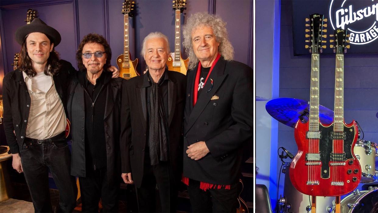  (from left to right) James Bay, Tony Iommi, Jimmy Page, and Brian May at the Gibson Garage London kickoff event on February 22, 2024, (right) Gibson's new Jimmy Page signature 1971 EDS-1275 double neck guitar. 