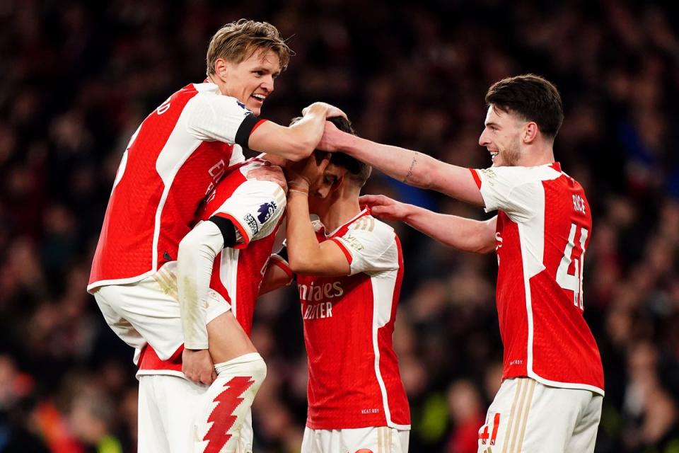 Kai Havertz, centre, left Chelsea for Arsenal last summer and scored twice against them (PA Wire)