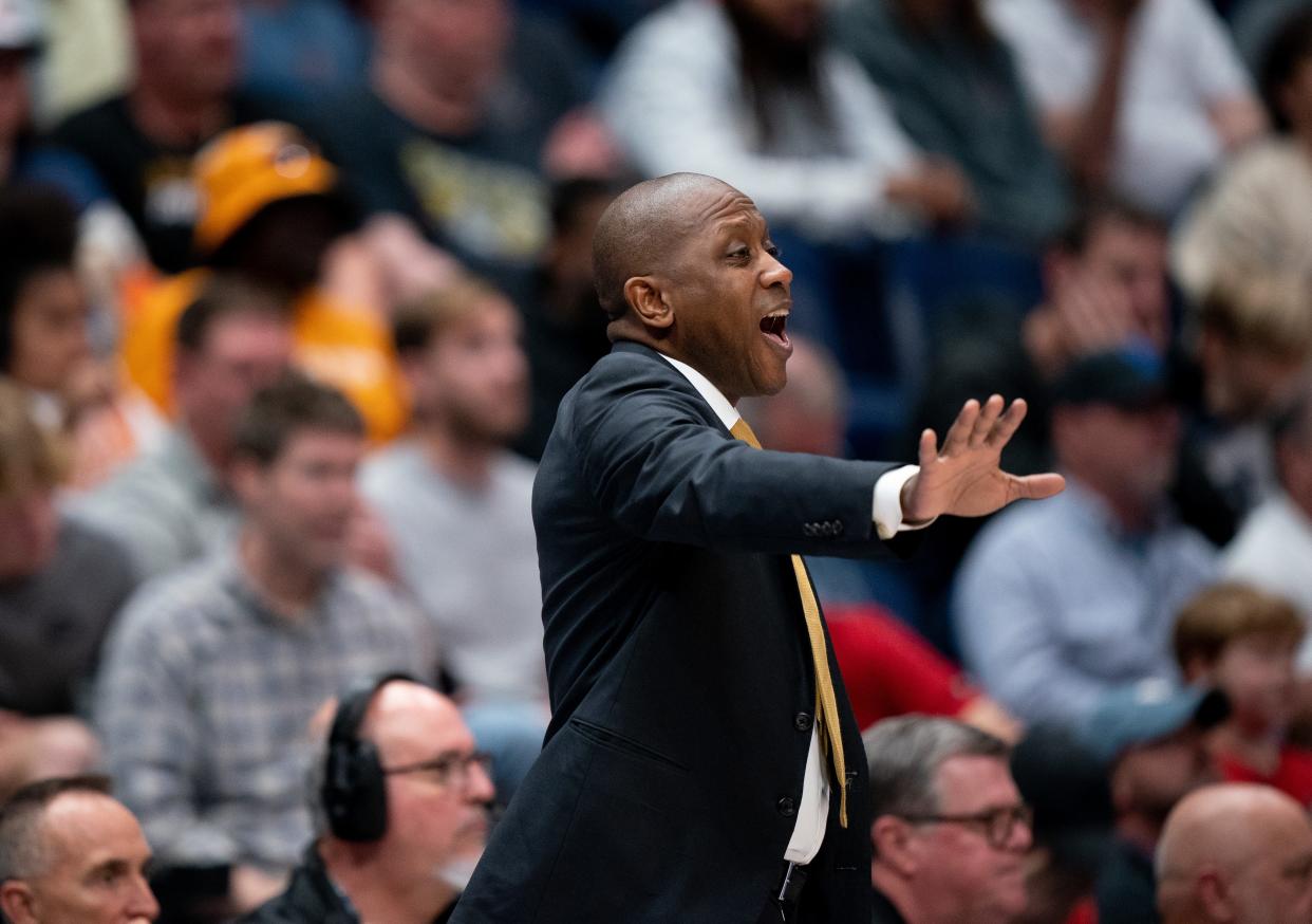 Missouri Tigers head coach Dennis Gates slows his team down against the Arkansas Razorbacks during their first round SEC Men's Basketball Tournament at Bridgestone Arena in Nashville, Tenn., Wednesday, March 13, 2024.