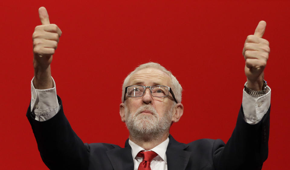 Jeremy Corbyn, leader of Britain's opposition Labour Party gives thumbs up after he addressed party members during the Labour Party Conference at the Brighton Centre in Brighton, England, Tuesday, Sept. 24, 2019. (AP Photo/Kirsty Wigglesworth)