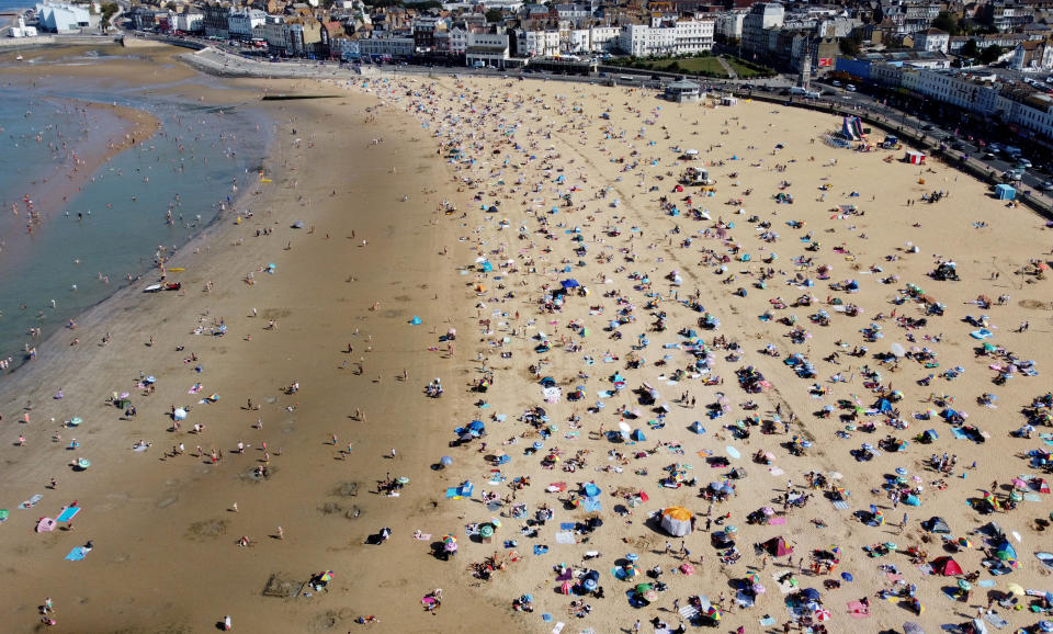 A view of a busy beach in Margate, Kent. Thunderstorms are set to hit parts of the UK amid a record-breaking September heatwave. Picture date: Sunday September 10, 2023. (Photo by Gareth Fuller/PA Images via Getty Images)