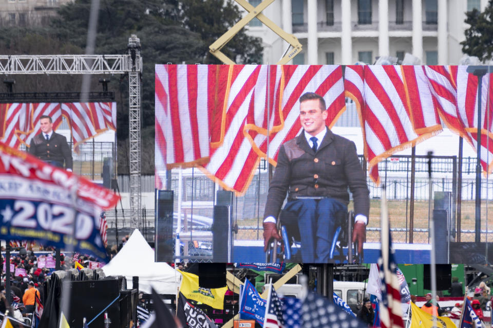 Rep. Madison Cawthorn (R-N.C.) speaks to Trump supporters from the Ellipse at the White House on Jan. 6, 2021, as Congress prepared to certify the Electoral College votes. (Photo: Bill Clark/CQ-Roll Call, Inc via Getty Images)