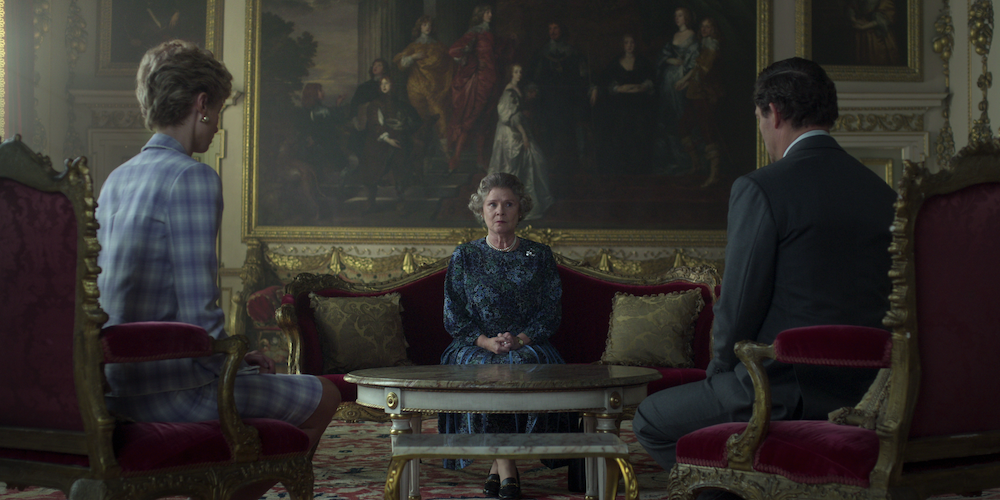 Elizabeth Debicki as Princess Diana, Imelda Staunton as Queen Elizabeth and Dominic West as Prince Charles in 'The Crown.'