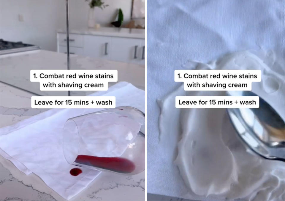 Two side by side images, the first of red wine being spilt on a white fabric napkin. Second image shows shaving cream being put on the stain with a spoon. Text on both images reads: 1. Combat red wine stains with shaving cream. Leave for 15 mins + wash.